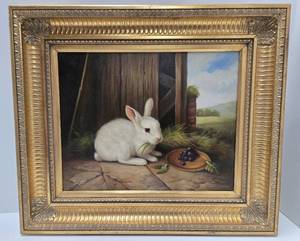 lot 413 image: Lovely Framed Signed Original Oil on Canvas Painting of a RabbitBunny