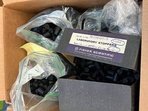 lot 21 image: Box of Rubber Stoppers - Size 0 and 1 - Solid, 1 hole, and 2 hole Mixed