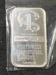 lot 46 image: 1 TROY OZ .999 FINE SILVER NORTHWEST TERRITORIAL MINT BAR