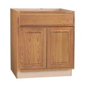 lot 17 image: Hampton Bay Hampton 30 in. W x 24 in. D x 34.5 in. H Assembled Sink Base Kitchen Cabinet in Medium Oak Customer Returns See Pictures