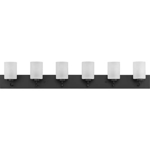 lot 551 image: Progress Lighting Merry Collection 48 in. 6-Light Matte Black and Etched Glass Transitional Style Bath Vanity Light