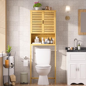 lot 552 image: VEIKOUS 24.4 in. W x 66.9 in. H x 9.5 in. D Yellow Bamboo Over the Toilet Storage Bathroom Rectangular Cabinet with Open Shelf
