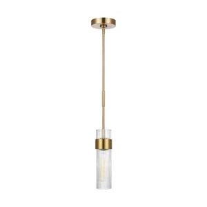 lot 572 image: Geneva 3.375 in. W x 12 in. H 1-Light Burnished Brass Mid-Century Dimmable Medium Pendant Light with Clear Glass Shade