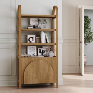 lot 577 image: Nathan James Iris 71 in. Tall Light Brown Solid Wood 3-Shelf Open Bookcase with Cabinet Base and Adjustable Interior Shelf