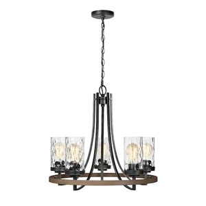 lot 585 image: Generation Lighting Gaston 5-Light Weathered Gray Rustic Farmhouse Wagon Wheel Chandelier with Distressed Oak Accents and Water Glass Shades 591
