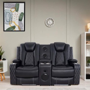 lot 613 image: Black Air Faux Leather home theater seating with power reclines, 6 cupholders, tray, built-in speaker, and USB ports
