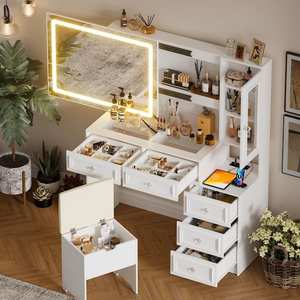 lot 646 image: PAKASEPT White Makeup Vanity Sets with LED Lighted Mirror and Power Outlet, 5-Drawers and Hidden Space, Charging Station