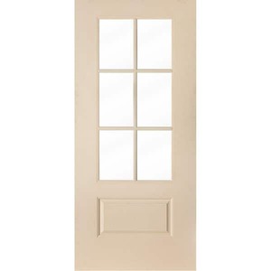 lot 684 image: Krosswood Doors 36 in. x 80 in. Farmhouse 6 Lite Clear Glass Window UniversalReversible Realistic Wood Like Fiberglass Front Door Slab