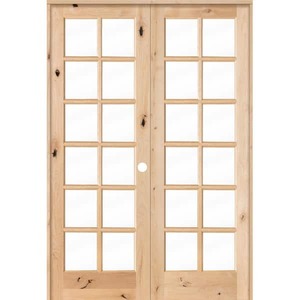 60 in. x 96 in. Rustic Knotty Alder 12-Lite Low E Glass Left Handed Solid Core Wood Double Prehung Interior Door