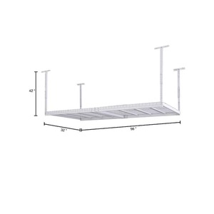 lot 695 image: Husky 96 in. W x 42 in. H x 32 in. D Adjustable Height Metal Heavy-Duty Overhead Garage Storage Rack in White