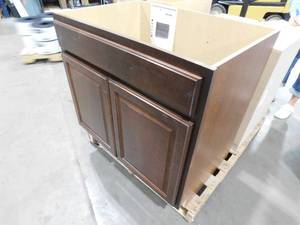 lot 524 image: Hampton 36 in. W x 24 in. D x 34.5 in. H Assembled Sink Base Kitchen Cabinet in Cognac