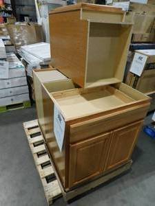 lot 603 image: (3) Hampton Bay Hampton  Assembled Kitchen Cabinet in Medium Oak