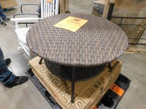 lot 689 image: (2) StyleWell 32 in. Mix and Match Brown Round Wicker Outdoor Patio Coffee Table With Woven Table Top