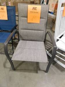 lot 693 image: Stationary Stackable Steel Sling Oversized Outdoor Patio Dining Chair in Riverbed Taupe