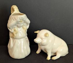 lot 124 image: Belleek Porcelain Pitcher and Pig Figurine