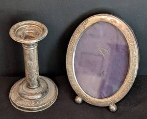 lot 129 image: Vintage Sterling Silver Candleholder and Picture Frame