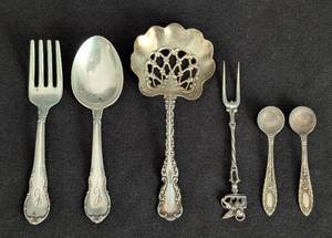lot 130 image: Vintage Sterling Silver Bon BonCandy Spoon  Louis XV 1891 Pattern by Whiting and Other Assorted Sterling Silver Spoons and Forks
