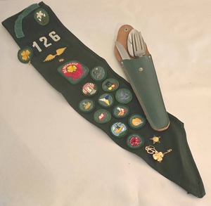 lot 94 image: Vintage Girl Scout Sash & Camping Cutlery