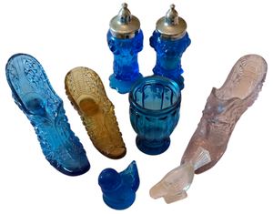 lot 384 image: Vintage Fenton Cabbage Rose Cobalt Blue Salt and Pepper Prescut Shaker Set, Vintage Glass Fenton Slipper Figurines and More
