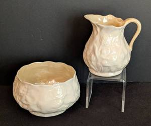 lot 179 image: Vintage Belleek Black Mark Porcelain Sugar Bowl and Creamer