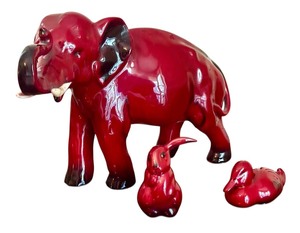 lot 81 image: Rare Royal Doulton Flambe Lop Eared Rabbit, Vintage Royal Doulton Flambe Elephant, Vintage Royal Doulton Flambe Resting Duck Figurine