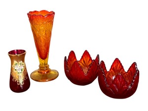 lot 95 image: Vintage Amberina Colored Glassware and Ruby Red Vase with Gold Detailing