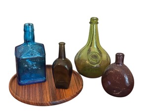 lot 399 image: Collection of 4 Vintage Glass Bottles with Wood Tray