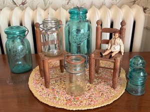 lot 410 image: Collection of Vintage Ball Mason Jars and Miniature Wood Chairs with Doll