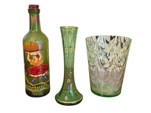 lot 423 image: Vintage Green Glass Collection Bottle, Vase, and Tumbler