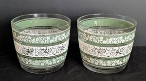 lot 426 image: Pair of Libby Green and White Floral Painted Glass Ice Buckets