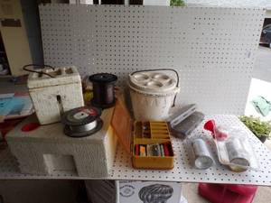 lot 111 image: Air horn with refill, Bait Bucket - 3, Tackle box, Fishing line