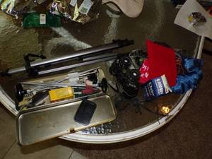 lot 359 image: Tripod, Binoculars, Gun Cleaning Kit, BBs