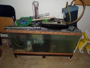 lot 405 image: Fish Lot- 75 gal Aquarium , Cube Aquarium, Tote of Supplies, Stand