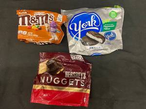 lot 52 image: BB2 - Assorted Chocolate Candy Lot M&Ms, York Peppermint Patties, Hersheys Nuggets