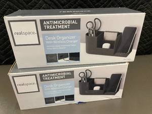 lot 13 image: Set of 2 Realspace Desk Organizers with Wireless Charger and Antimicrobial Treatment