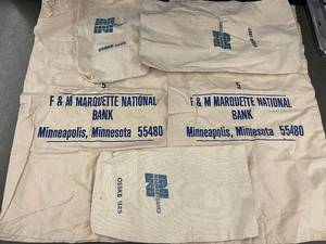 lot 20 image: Set of 6 Vintage Bank Money Bags from F&M Marquette National Bank and Norwest Banks