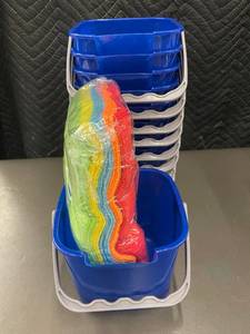 lot 39 image: Set of 10 Blue Plastic Buckets with Colorful Microfiber Cleaning Cloths