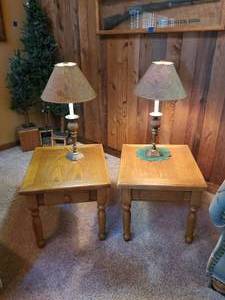 lot 6 image: Two Solid Wood Side Tables with Table Lamps