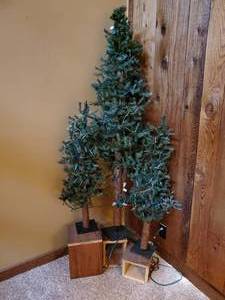 lot 7 image: 3 Decorative Pine Trees with lights and Stands