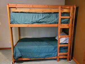 lot 9 image: Solid Sturdy Wooden BunkBeds With Matresses and Bedding