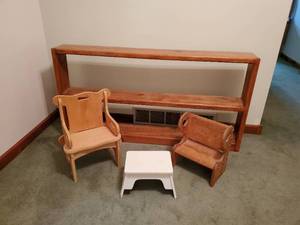 lot 12 image: Wooden Shelf with stool and two Small Wooden Chairs