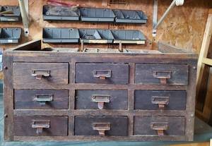 lot 48 image: Very Cool Vingtage Wooden Cabinet with 9 Drawers Filled with stuff