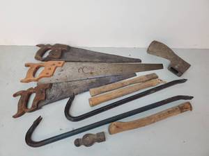 lot 54 image: Group of Hand Saws Crow Bars and more
