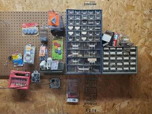 lot 64 image: Shop Wall Organizers filled with Misc Hardware and other Accessories