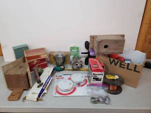 lot 113 image: Bird Houses Unopened Fire Alarms box of Misc Tape and More