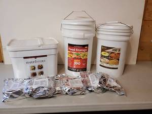 lot 125 image: Large Buckets of Packaged Dehydrated Survival Storage Food with year 2040 Expiration  Date