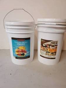 lot 126 image: Large Buckets of Packaged Dehydrated Survival Storage Food with year 2040 Expiration  Date