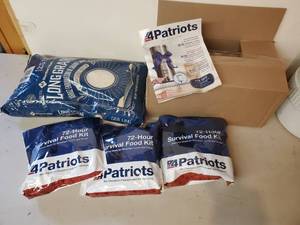 lot 132 image: 4 Patriots 72 Hour Survival Food Kit With 25# Bag of Long Grain rice  No Expiration Date Found