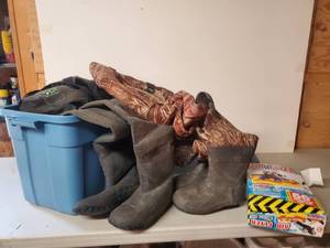 lot 140 image: Gander Mountain and Itasca Hip Waters size 10 boots  and Never Used Air Flyer inflatable Sled