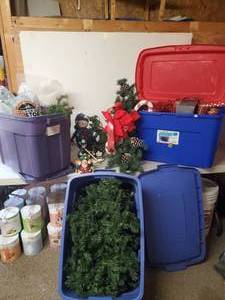 lot 141 image: 3 Tubs of Christmas Dcor Bulbs Ribbon Figurines and more